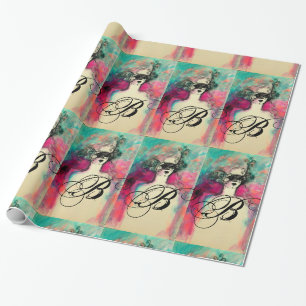 CHARM /Lady mit Maske Monogramm Aquamarin grün ros Geschenkpapier