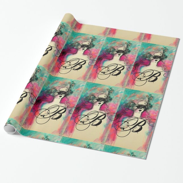 CHARM /Lady mit Maske Monogramm Aquamarin grün ros Geschenkpapier (Ungerollt)