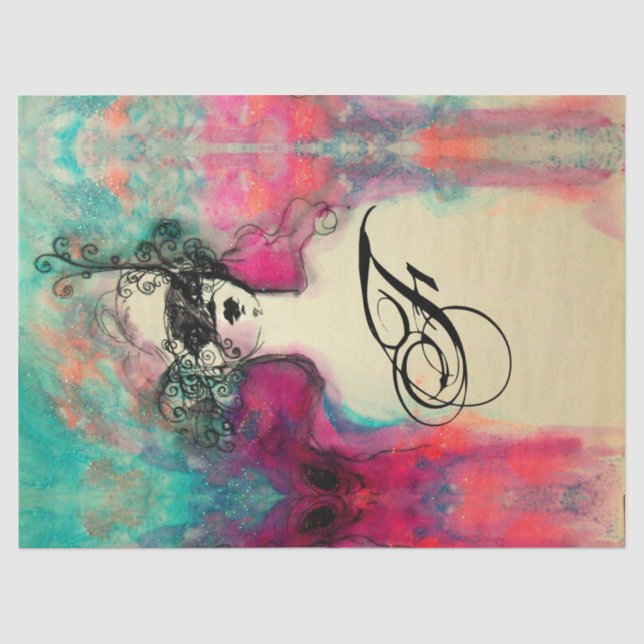 CHARM /Lady mit Maske Monogramm Aquamarin grün ros Seidenpapier (Vorderseite)