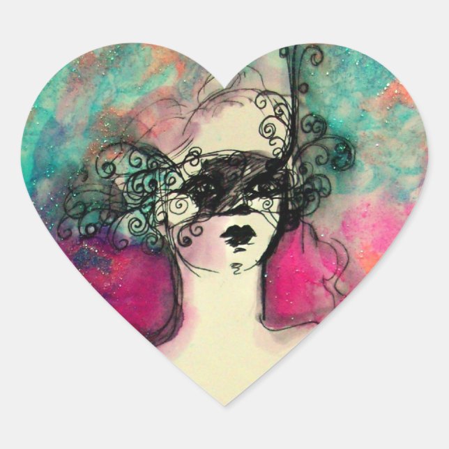 CHARM /Lady mit Maske rosa Aquamarin grün Herz-Aufkleber (Vorderseite)