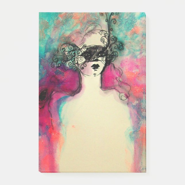 CHARM /Lady mit Maske rosa Aquamarin grün Post-it Klebezettel (Vorderseite)