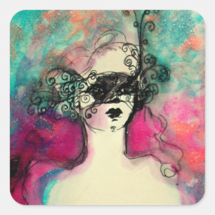 CHARM /Lady mit Maske rosa Aquamarin grün Quadratischer Aufkleber