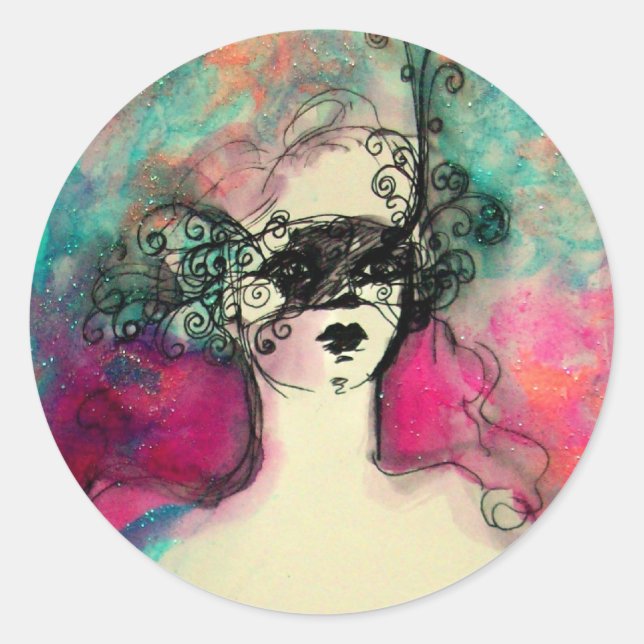 CHARM /Lady mit Maske rosa Aquamarin grün Runder Aufkleber (Vorderseite)