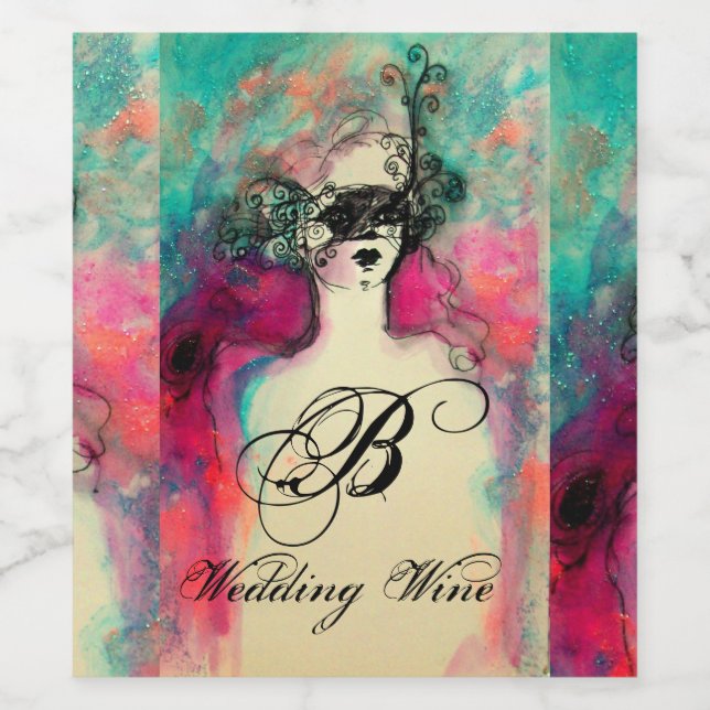 CHARM /Lady mit Maske Wedding Monogram Pink Aquama Weinetikett (Einzelnes Label)