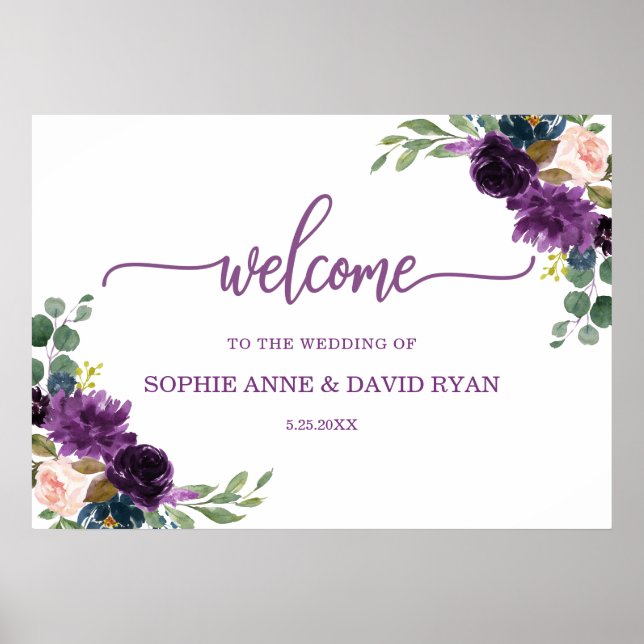 Charm Lavender Blue Floral Wedding Willkommenszeic Poster (Vorne)