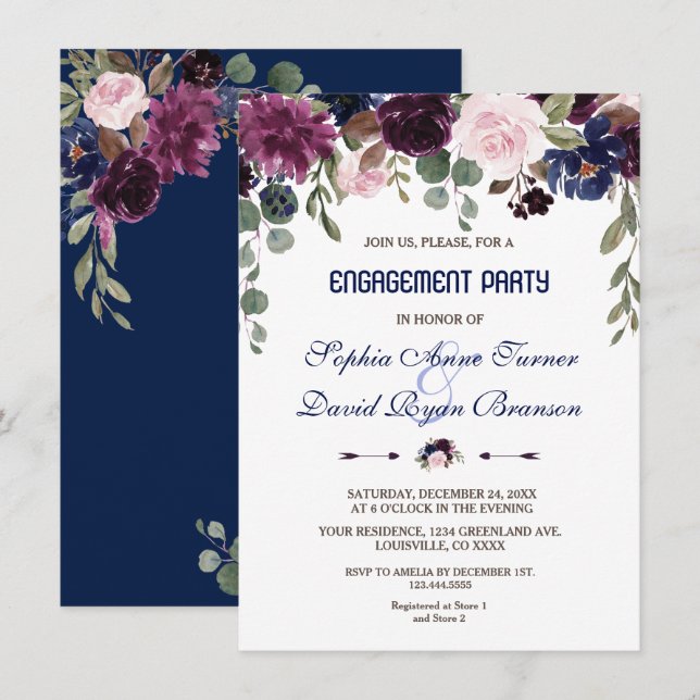 Charm Lavender Navy Blue Floral Engagement Party Einladung (Vorne/Hinten)
