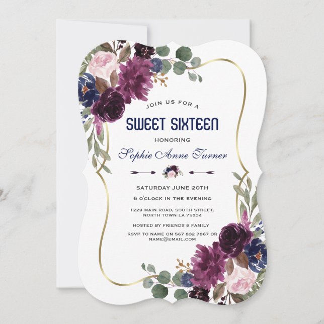 Charm Lavender Navy Gold Blumenblüte Sweet 16 Einladung (Vorderseite)
