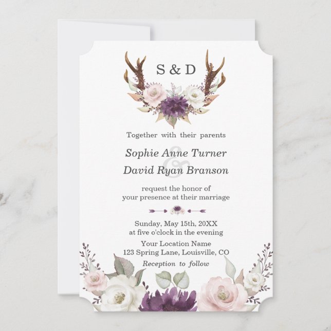 Charm Lavender Pink Floral Antlers Wedding Einladung (Vorderseite)
