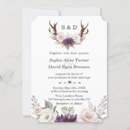 Charm Lavender Pink Floral Antlers Wedding Einladung