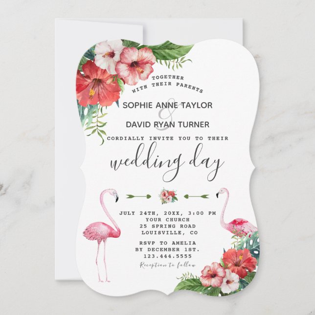 Charm Luau Flamingo Tropical Floral Wedding Einladung (Vorderseite)