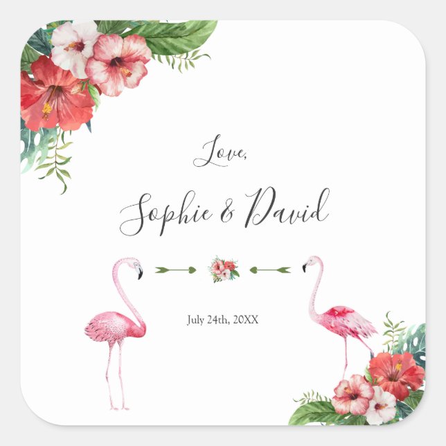 Charm Luau Flamingo Tropical Floral Wedding Quadratischer Aufkleber (Vorderseite)