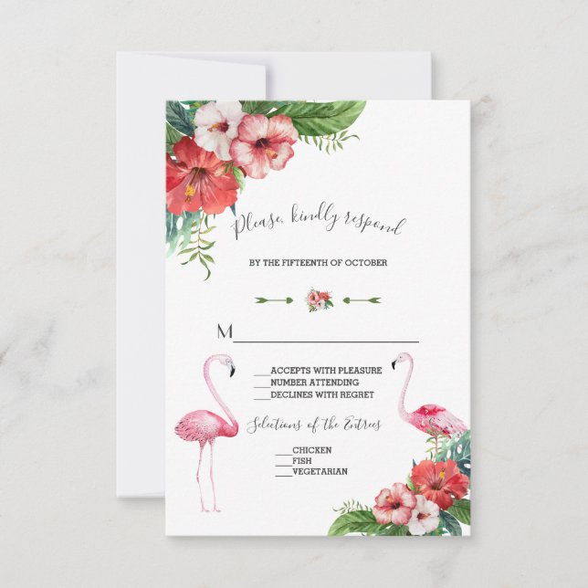 Charm Luau Flamingo Tropical Floral Wedding RSVP (Vorderseite)
