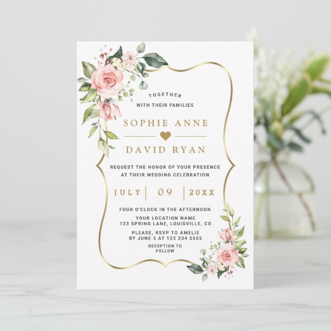 Charm Luxury Pink Blush Blume Gold Hochzeit Einladung (Stehend Vorderseite)