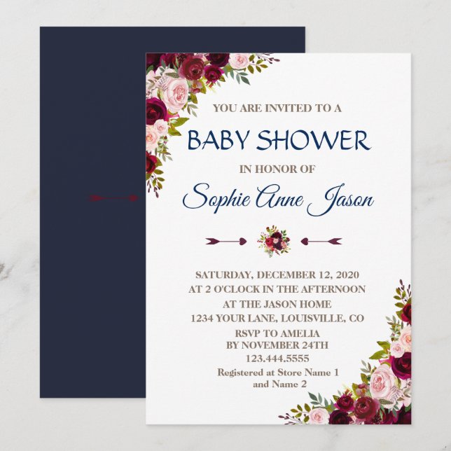 Charm Marsala Floral Fall Navy Blue Baby Dusche Einladung (Vorne/Hinten)