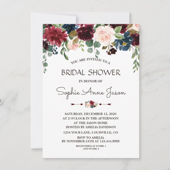 Charm Merlot Navy Blue Floral Brautparty Einladung (Vorderseite)