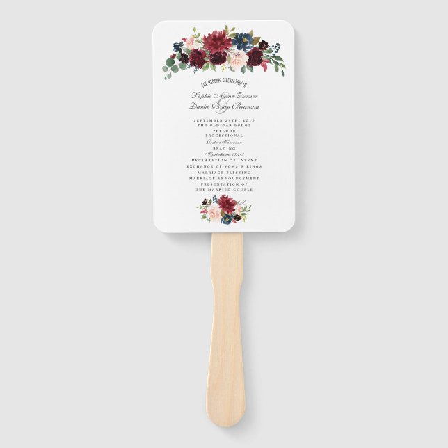 Charm Merlot Navy Blue Floral Wedding Programm Fächer (Vorderseite)