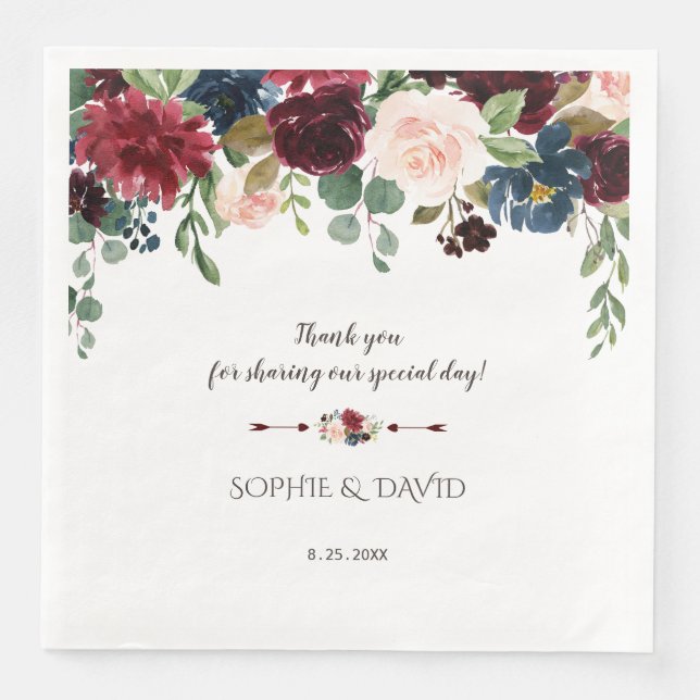 Charm Merlot Navy Blue Floral Wedding Serviette (Vorderseite)