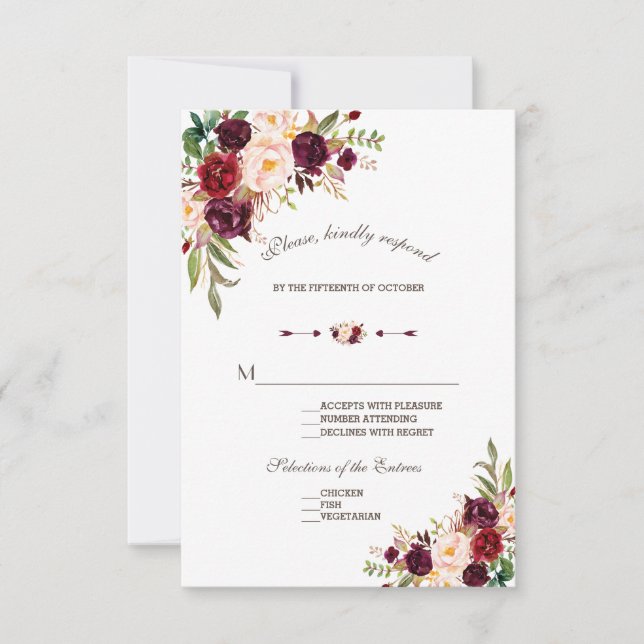 Charm Navy Blue Bourgogne Floral Wedding RSVP (Devant)