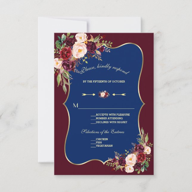 Charm Navy Blue Burgundy Floral Gold Wedding RSVP (Vorderseite)
