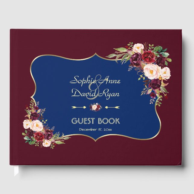 Charm Navy Blue Gold Burgund Blumenhochzeit Gästebuch (Vorderseite)
