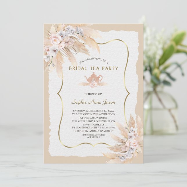 Charm Pampas Grass Orchid Rose Bridal Tee Party Einladung (Stehend Vorderseite)
