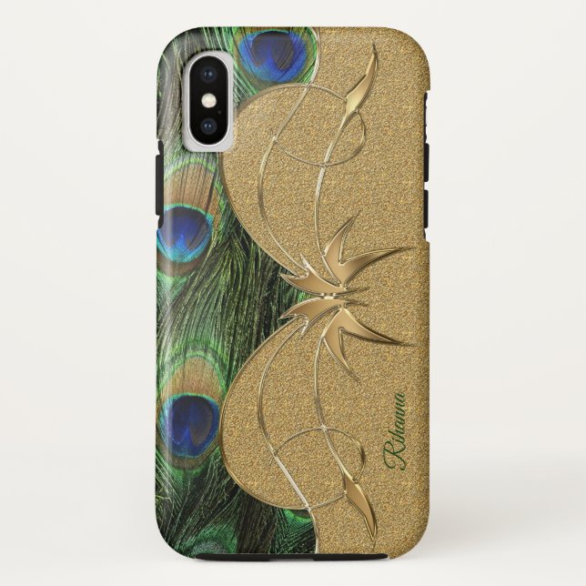 Charm Peacock Feathers Golden Custom Monogram Case-Mate iPhone Hülle (Rückseite)