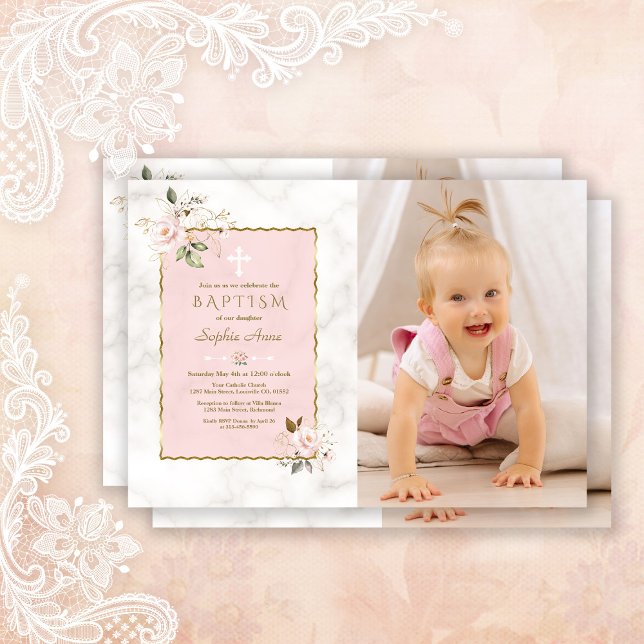 Charm Pink Blume Gold Girl Foto Taufe Einladung (Von Creator hochgeladen)