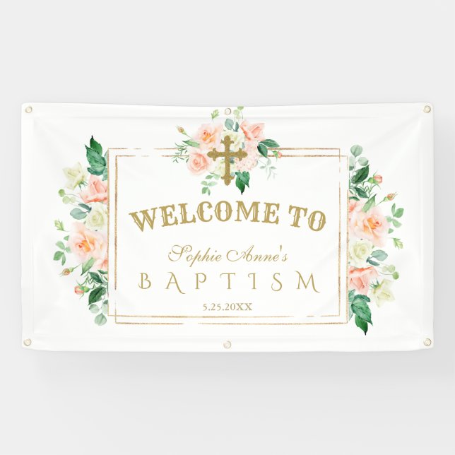Charm Pink Blume Gold Taufe Willkommenszeichen Banner (Horizontal)