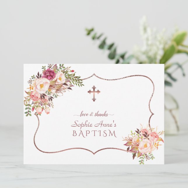 Charm Pink Blume Rose Gold Cross Taufen Dankeskarte (Stehend Vorderseite)