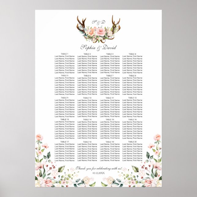 Charm Pink Blush Blues Antlers Sitzkarte Poster (Vorne)