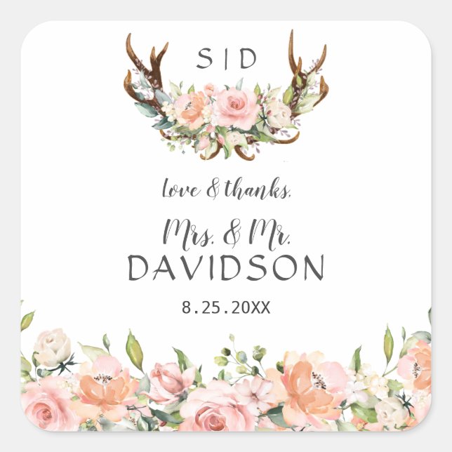 Charm Pink Blush Blume Antlers Monogram Wedding Quadratischer Aufkleber (Vorderseite)