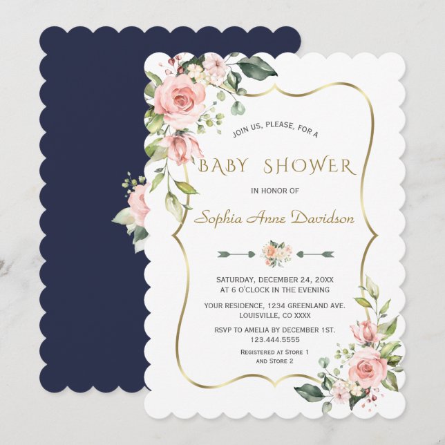 Charm Pink Blush Blume Gold Frame Baby Dusche Einladung (Vorne/Hinten)