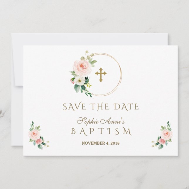 Charm Pink Blush Blume Gold Girl Taufe Save The Date (Vorderseite)