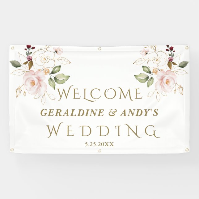 Charm Pink Blush Blume Goldene Hochzeit Begrüßungs Banner (Horizontal)