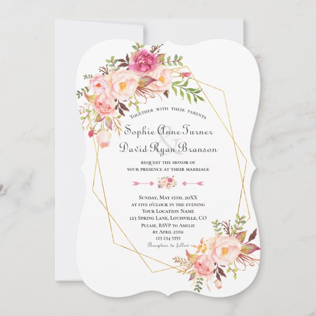 Charm Pink Blush Blume Goldrahmen Hochzeit Einladung (Vorderseite)