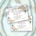 Charm Pink Blush Blume Goldrahmen Hochzeit Save The Date<br><div class="desc">Elegantes Kartendesign mit Aquarellfarben, rosa Blume und grünen Blätter, einem vergoldeten Rahmen aus Imitaten, einem Blumenteil auf weißem Hintergrund. Auf der Rückseite errötet Blume Bouquet. Verwenden Sie das Tool Personalize, um Ihre Informationen hinzuzufügen, Schriftart zu ändern, die Farben des Schriftartes zu ändern. Für passende Artikel, besuchen Sie bitte meine Blush...</div>