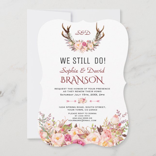 Charm Pink Blush Floral Antler, die wir noch tun Einladung (Vorderseite)