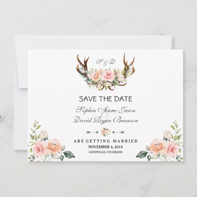 Charm Pink Blush Floral Antler Save the Date (Vorderseite)