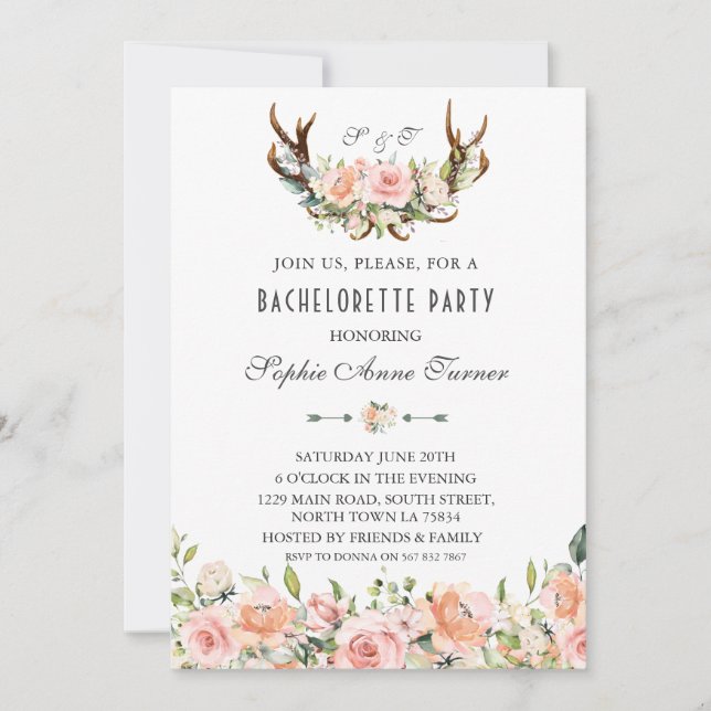 Charm Pink Blush Floral Antlers Junggeselinnen-Abs Einladung (Vorderseite)