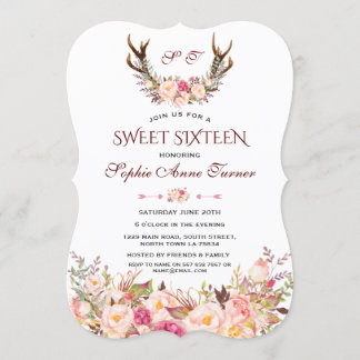 Charm Pink Blush Floral Antlers Monogramm Sweet 16 Einladung