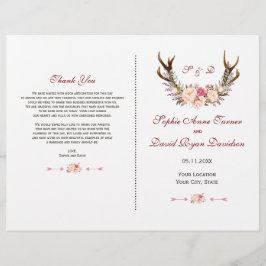 Charm Pink Blush Floral Antlers Wedding Programm