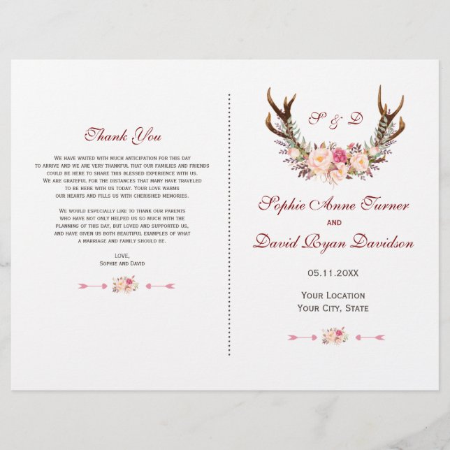 Charm Pink Blush Floral Antlers Wedding Programm (Vorderseite)