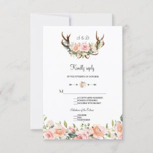 Charm Pink Blush Floral Antlers Wedding RSVP Karte