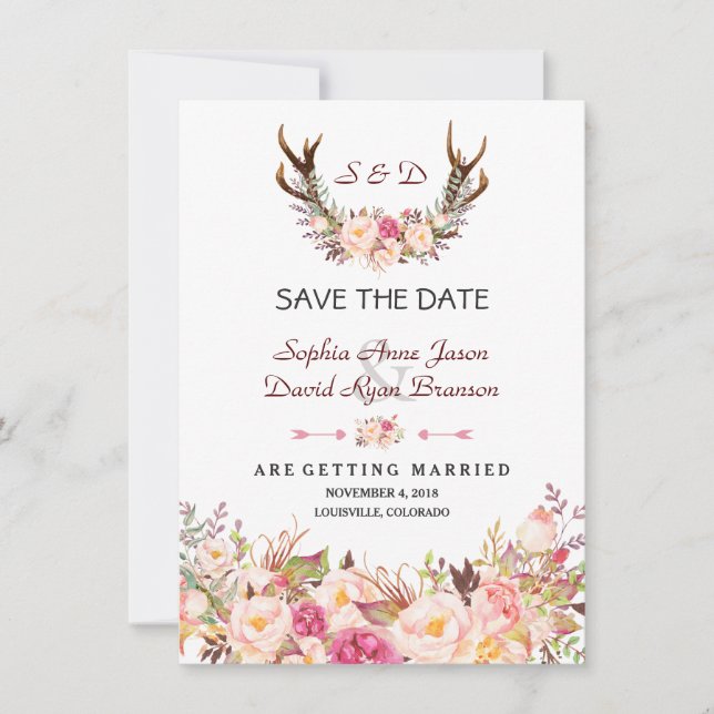 Charm Pink Blush Floral Antlers Wedding Save The Date (Vorderseite)