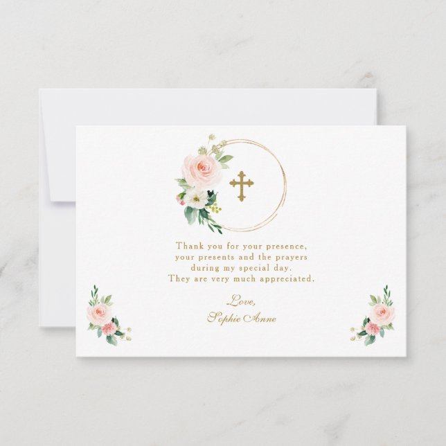 Charm Pink Blush Floral Gold Cross Bestätigung Dankeskarte (Vorderseite)