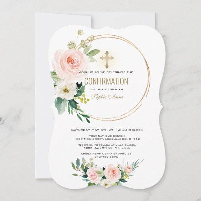 Charm Pink Blush Floral Gold Cross Bestätigung Einladung (Vorderseite)