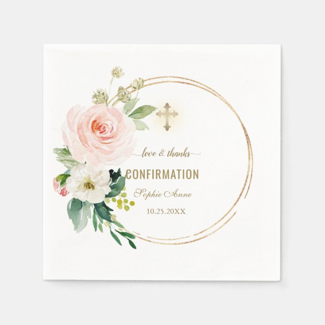 Charm Pink Blush Floral Gold Cross Bestätigung Serviette (Vorderseite)
