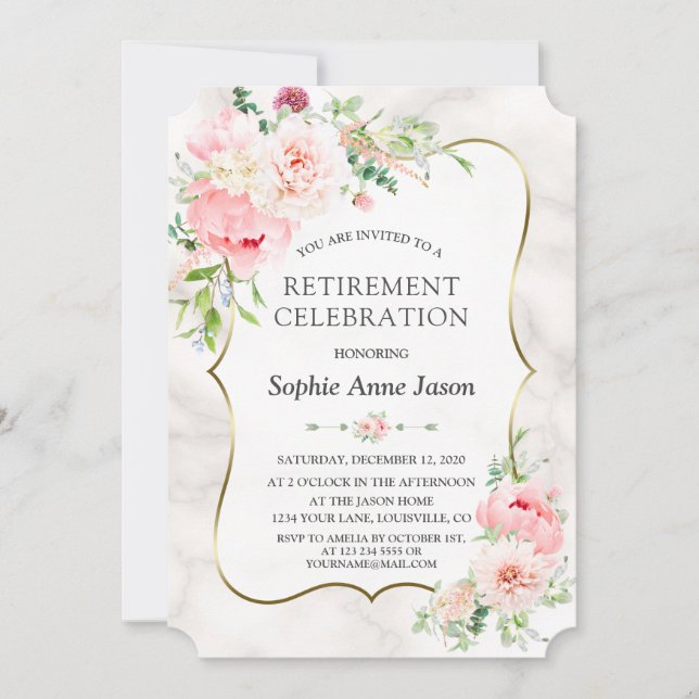 Charm Pink Blush Peonies Gold Rentirement Party Einladung (Vorderseite)