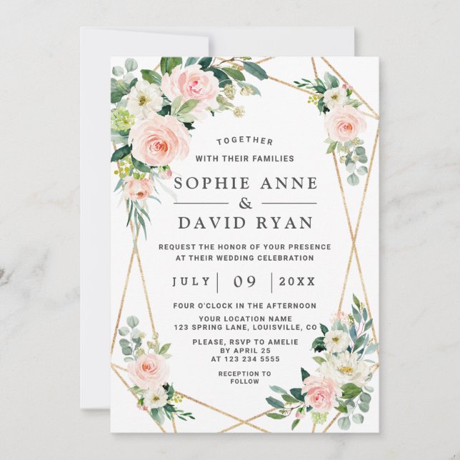 Charm Pink Blush Weiße Blume Goldene Hochzeit Einladung (Vorderseite)