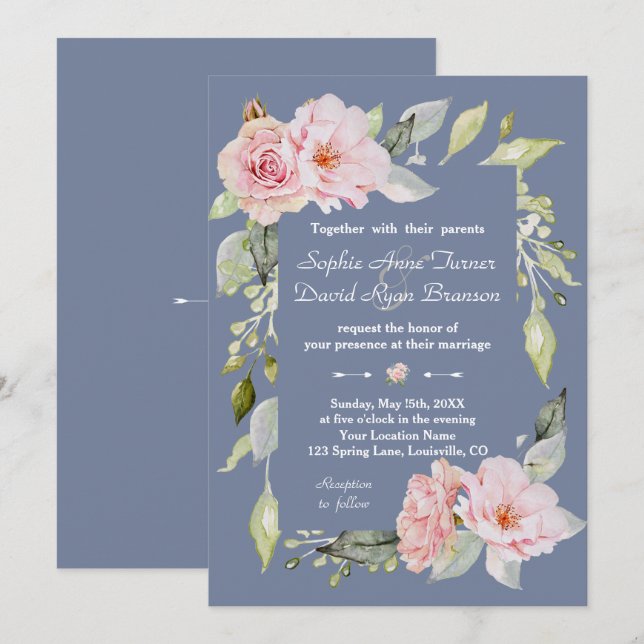 Charm Pink Floral Dusty Blue Wedding Einladung (Vorne/Hinten)